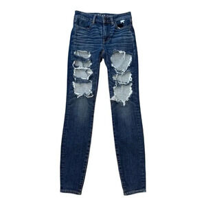 American Eagle Women's High Rise‎ Distressed Jeggings Size 2 Blue Dark Wash